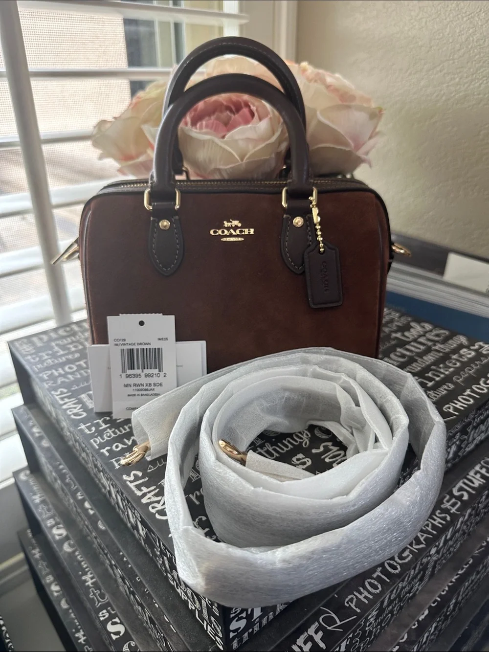 NWT Coach mini Rowan in vintage brown suede